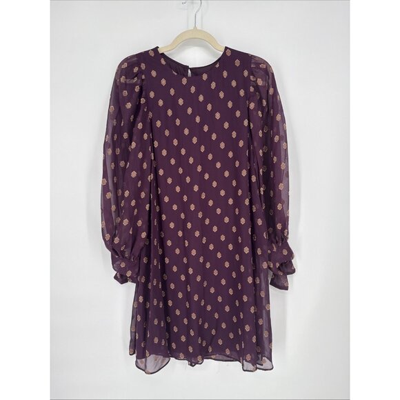 New CALVIN KLEIN Womens Size 2 Purple Gold Tie Cuffs Balloon Sleeve Shift Dress - Picture 4 of 11